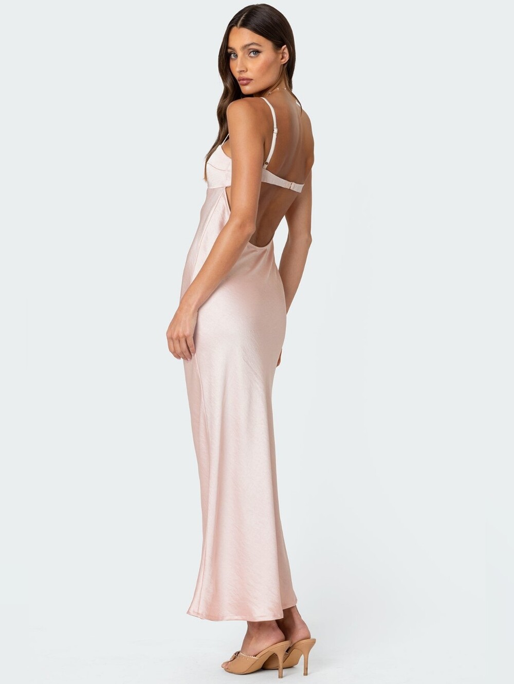 Edikted Blush Satin Maxi Slip Dress with Open Back